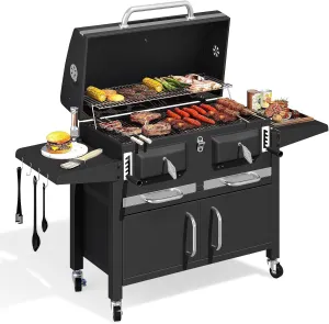 36 In Extra Large Charcoal Grill - 620 Sq.In Oversized BBQ Area with Foldable Side Tables & Individual Lifting Charcoal Trays, Storage Cabinet and Thermometer for Outdoor