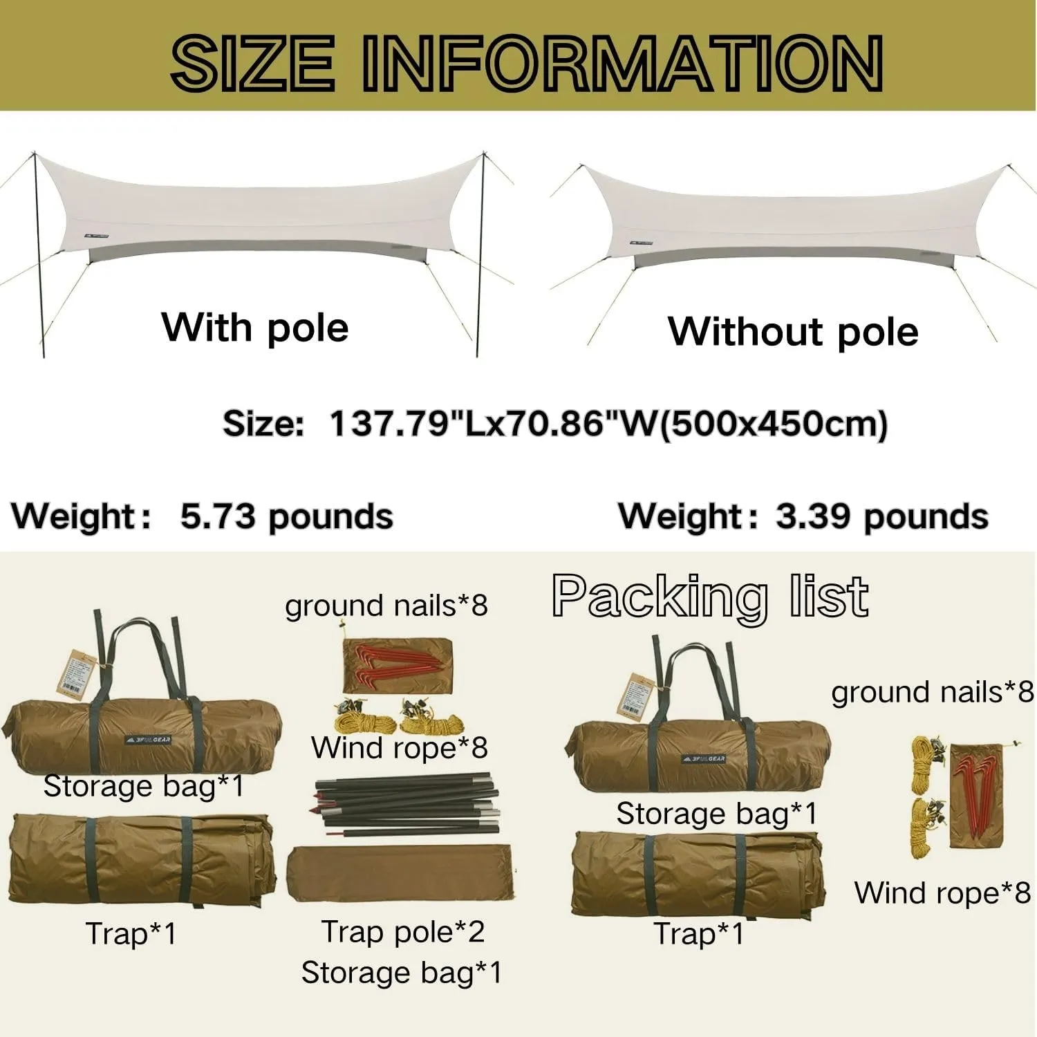 3F UL Gear JIACHONG16 beetle16 Waterproof Portable Camping Tarp, Easy Set Up Camping Tent Tarp, Camping Gear Must Haves Awning Including Carry Bag (40D Nylon(Without Pole), Khaki)
