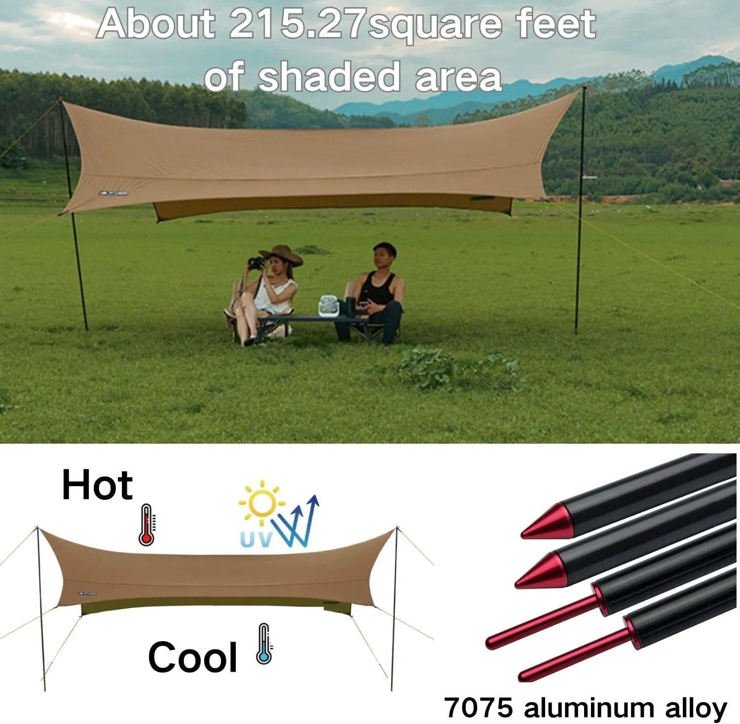 3F UL Gear JIACHONG16 beetle16 Waterproof Portable Camping Tarp, Easy Set Up Camping Tent Tarp, Camping Gear Must Haves Awning Including Carry Bag (40D Nylon(Without Pole), Khaki)