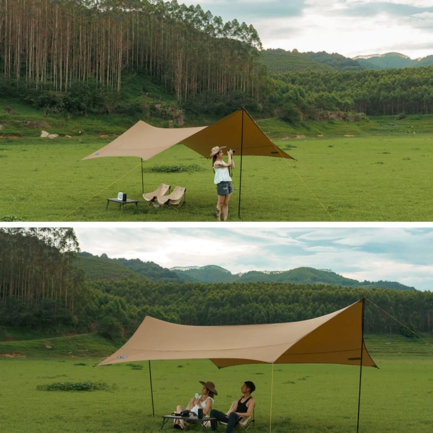3F UL Gear JIACHONG16 beetle16 Waterproof Portable Camping Tarp, Easy Set Up Camping Tent Tarp, Camping Gear Must Haves Awning Including Carry Bag (40D Nylon(Without Pole), Khaki)