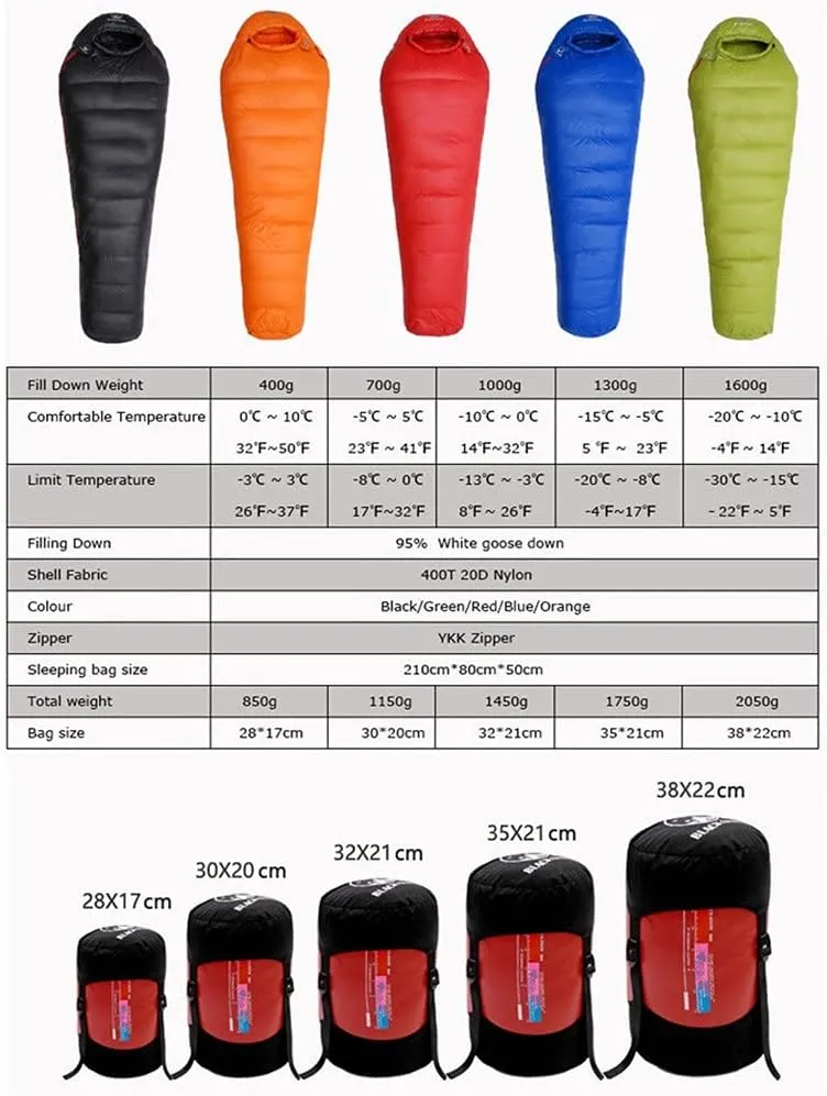 4 Seasons Camping Goose Down Sleeping Bag, Mummy Down Sleeping Bag, Soft Touch, Compression Stuff Sack