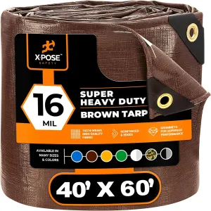 40' x 60' Super Heavy Duty 16 Mil Brown Poly Tarp Cover - Thick Waterproof, UV Resistant, Rip and Tear Proof Tarpaulin with Grommets and Reinforced Edges - by Xpose Safety
