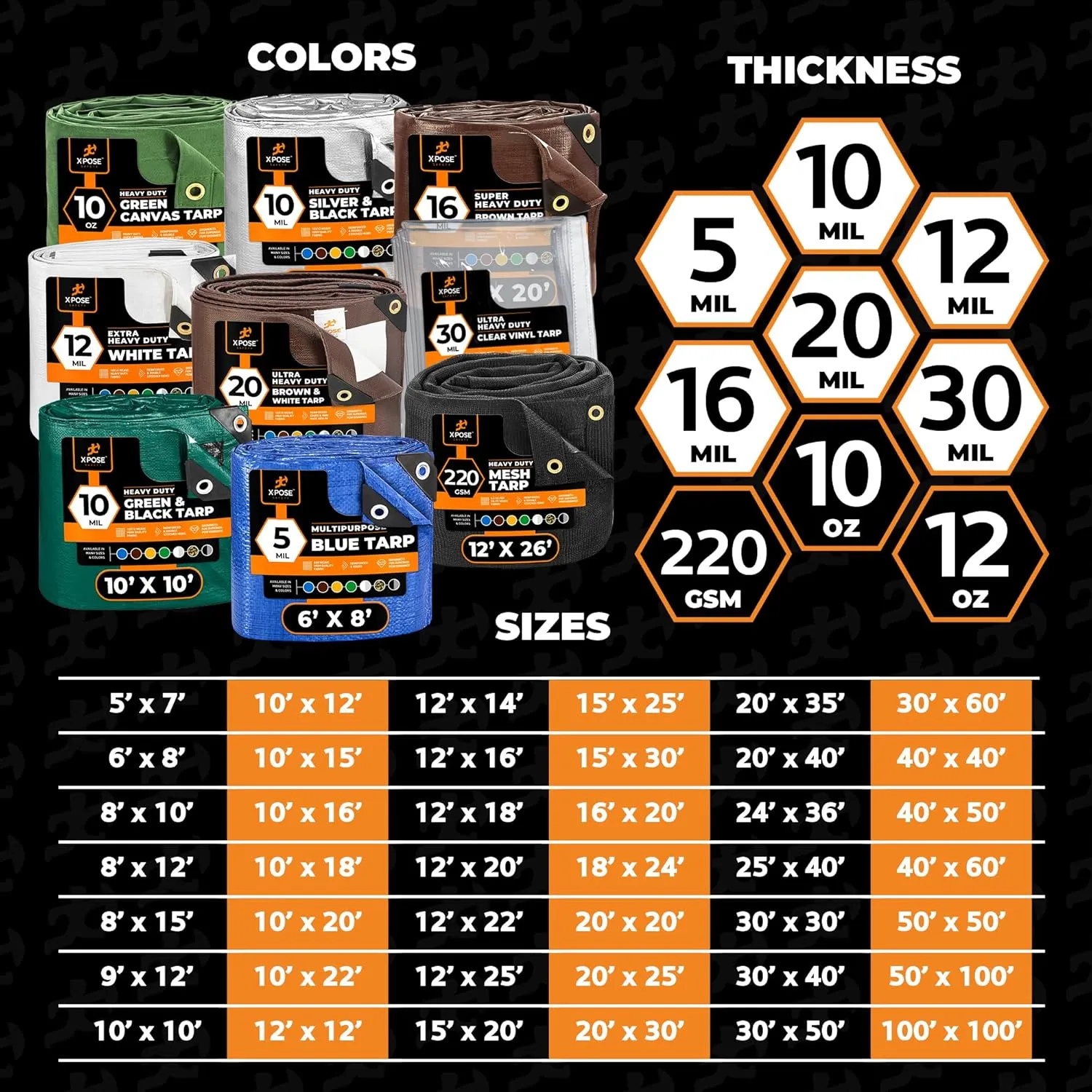 40' x 60' Super Heavy Duty 16 Mil Brown Poly Tarp Cover - Thick Waterproof, UV Resistant, Rip and Tear Proof Tarpaulin with Grommets and Reinforced Edges - by Xpose Safety