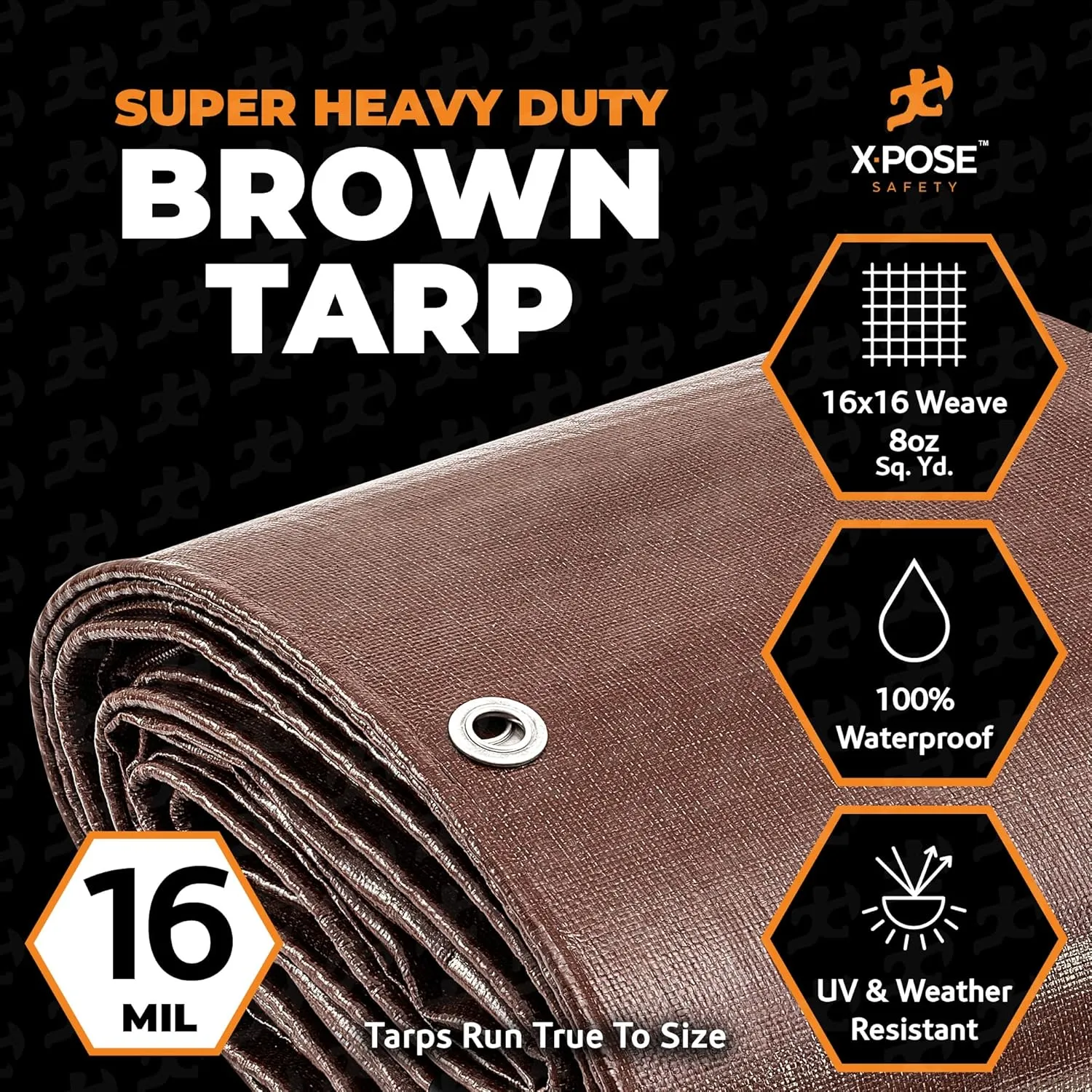 40' x 60' Super Heavy Duty 16 Mil Brown Poly Tarp Cover - Thick Waterproof, UV Resistant, Rip and Tear Proof Tarpaulin with Grommets and Reinforced Edges - by Xpose Safety