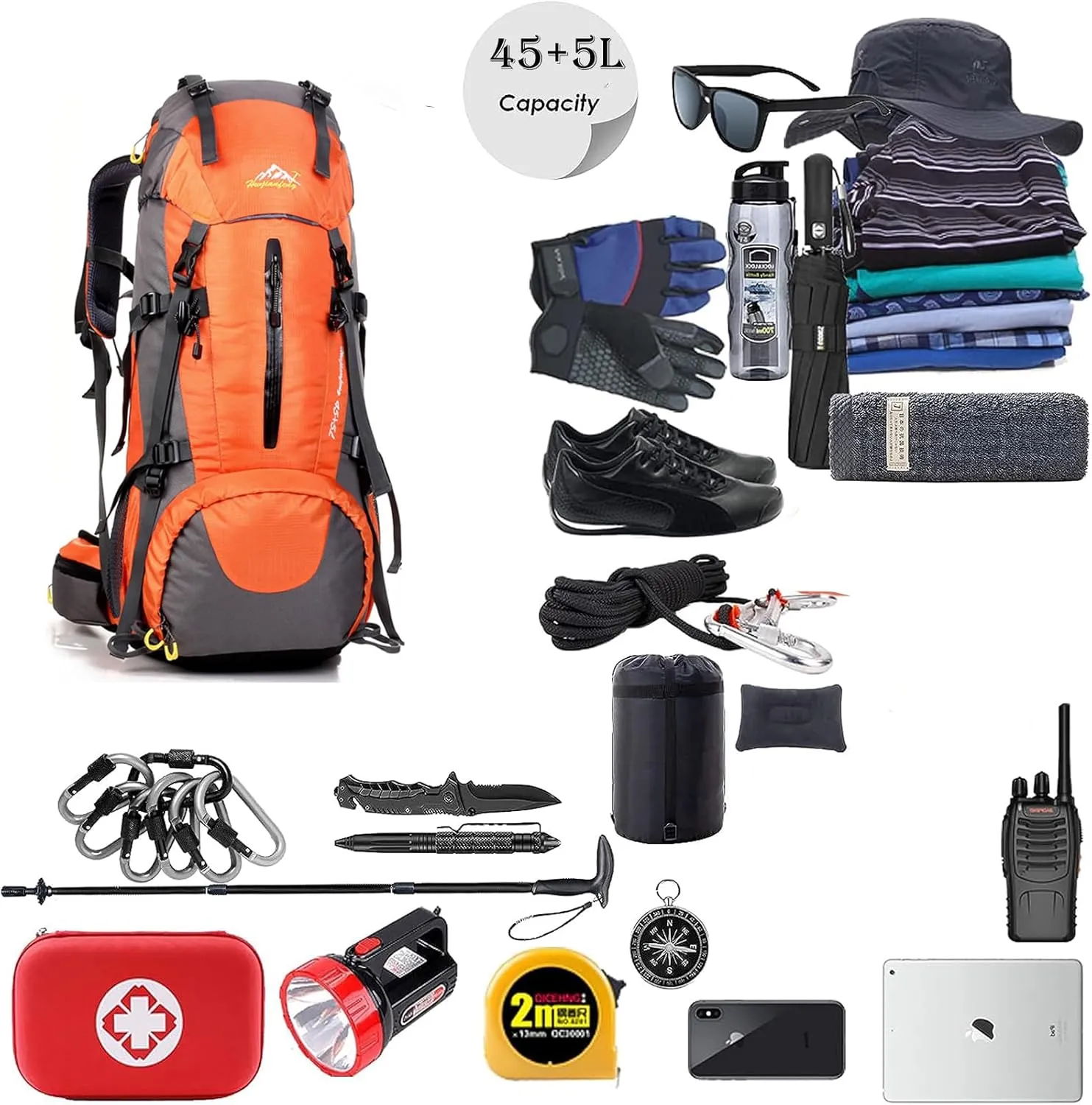 50L Hiking Backpack Waterproof Lightweight With Rain Cover,Outdoor Sport Daypack For Men Women Climbing Camping Touring