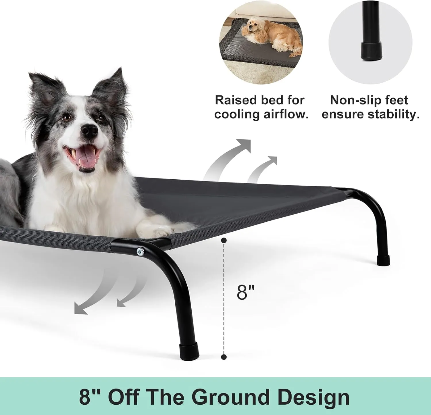 50" Lx35 Wx8 H Cooling Elevated Dog Bed for Large Dogs with Non-Slip Floor Protectors & Breathable Mesh, Raised Indoor & Outdoor Dog Cot Pet Hammock, Grey