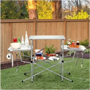 57.5" x 18" x 32" Lightweight Steel Frame 44 lbs Capacity Foldable Outdoor BBQ Table Grilling Stand with Heat,Resistant Aluminum Top Portable Camping Picnic Cooking Station