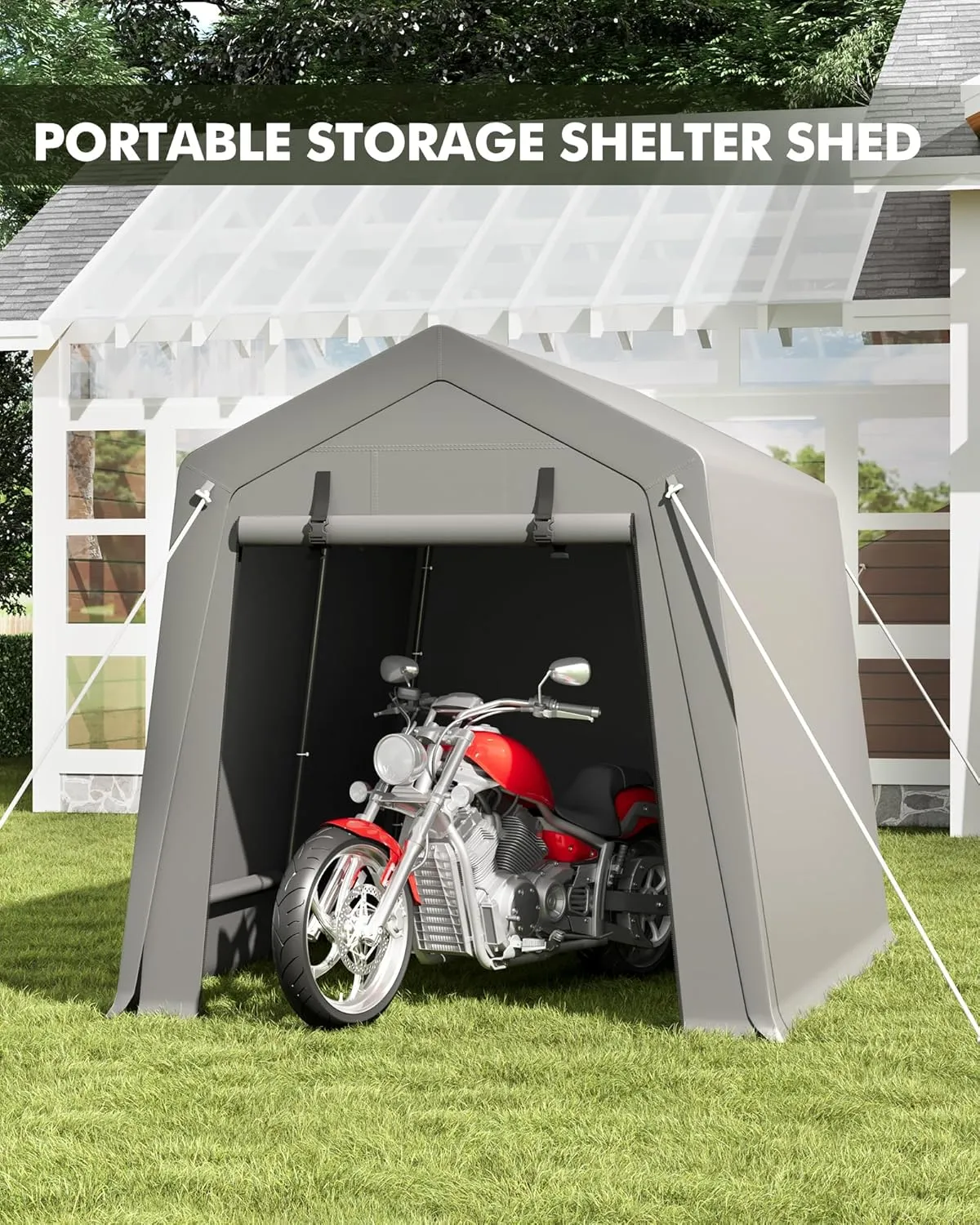 6 x 8 ft Carport Storage Shed, Shelter Logic with 2 Roll-up Zipper Door, Heavy Duty Waterproof Tarp, Storage Tent for Motorcycle, Bike, Garden Tools, Firewood