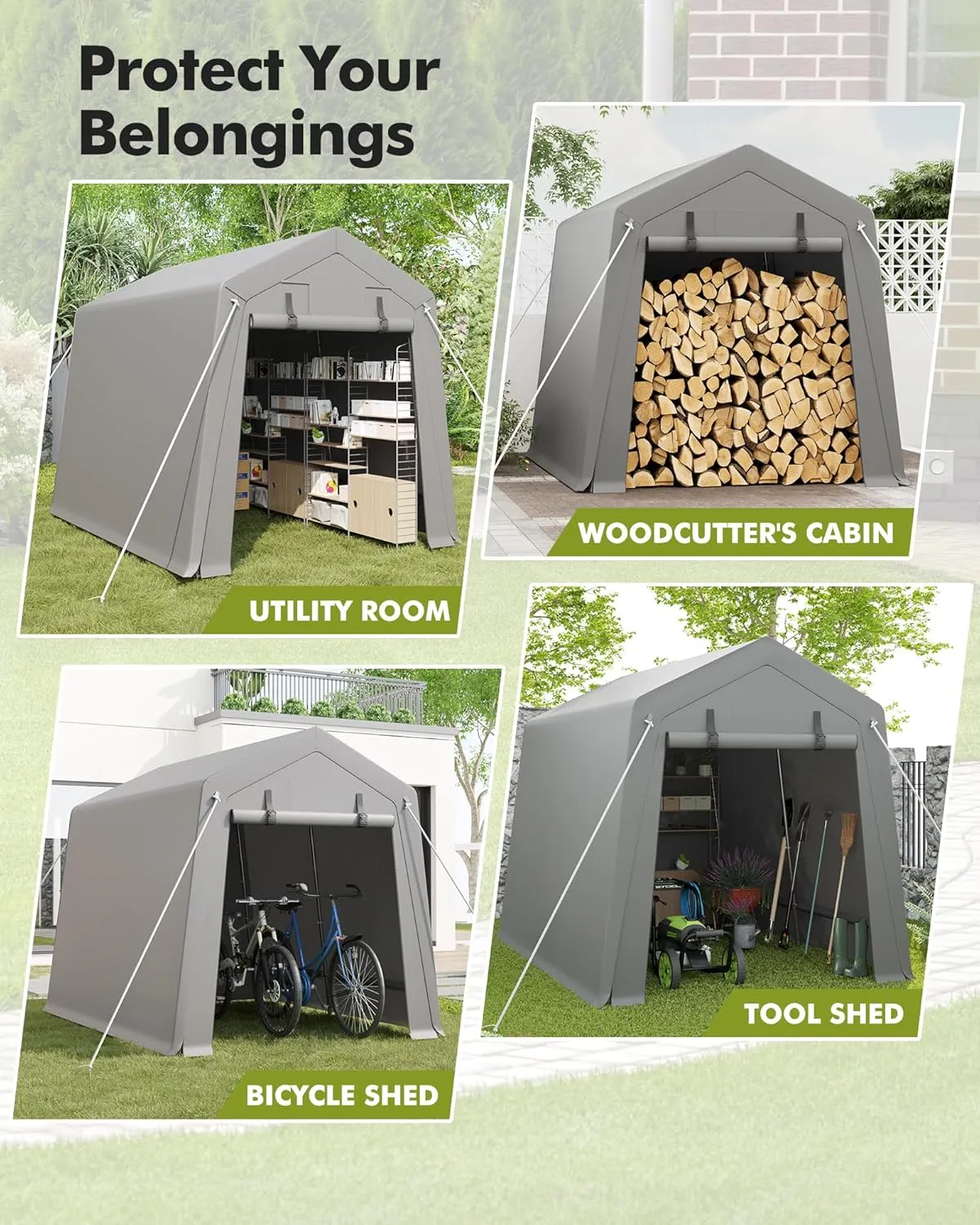 6 x 8 ft Carport Storage Shed, Shelter Logic with 2 Roll-up Zipper Door, Heavy Duty Waterproof Tarp, Storage Tent for Motorcycle, Bike, Garden Tools, Firewood