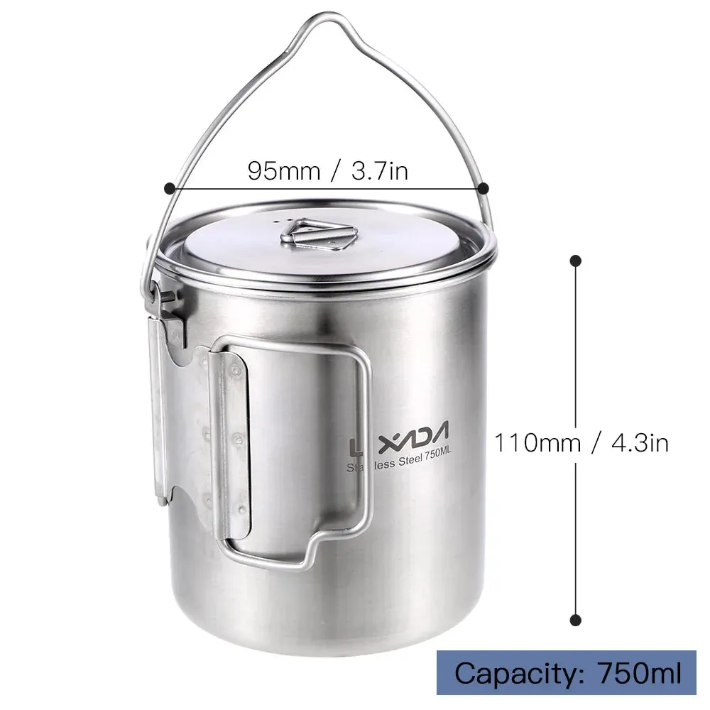 750ml Stainless Steel Camping Pot with Lid and Foldable Handle - Outdoor Water Mug