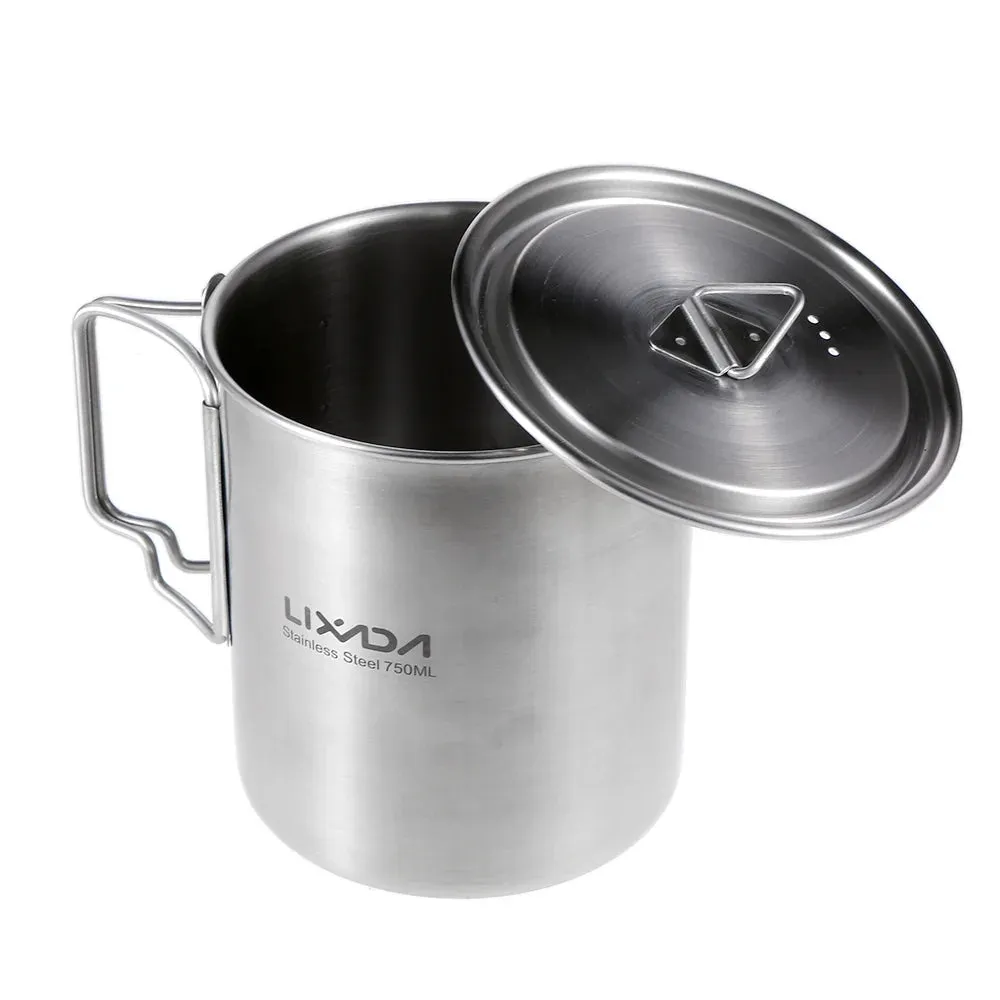750ml Stainless Steel Camping Pot with Lid and Foldable Handle - Outdoor Water Mug