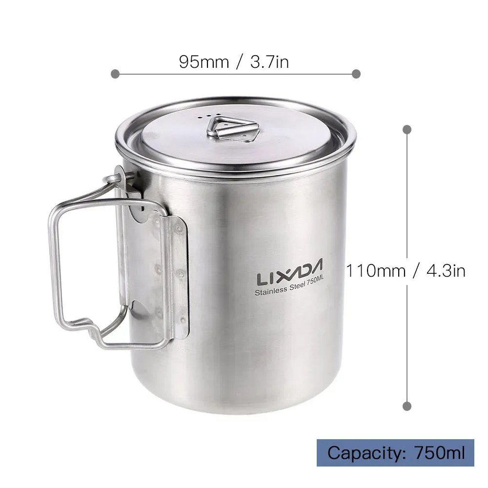 750ml Stainless Steel Camping Pot with Lid and Foldable Handle - Outdoor Water Mug