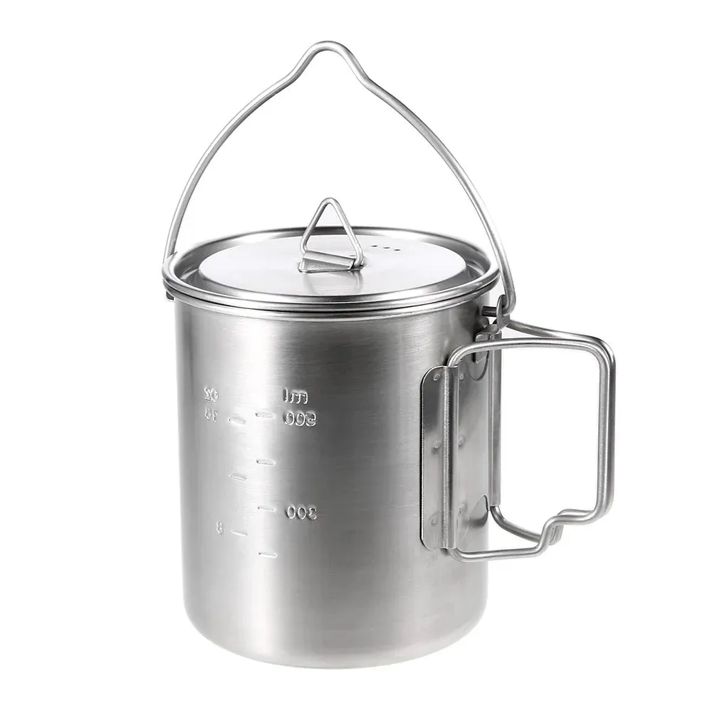 750ml Stainless Steel Camping Pot with Lid and Foldable Handle - Outdoor Water Mug