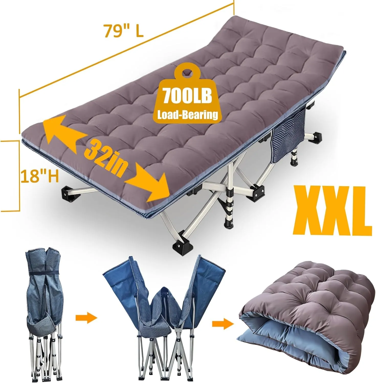 79" L x 32" W x 18" H Oversize XXL Camping Cot with Mattress Comfortable for Adults Extra Wide Cots for Sleeping Camping Bed Folding Cot Heavy Duty with Carry Bag for Home Office Outdoor Indoor