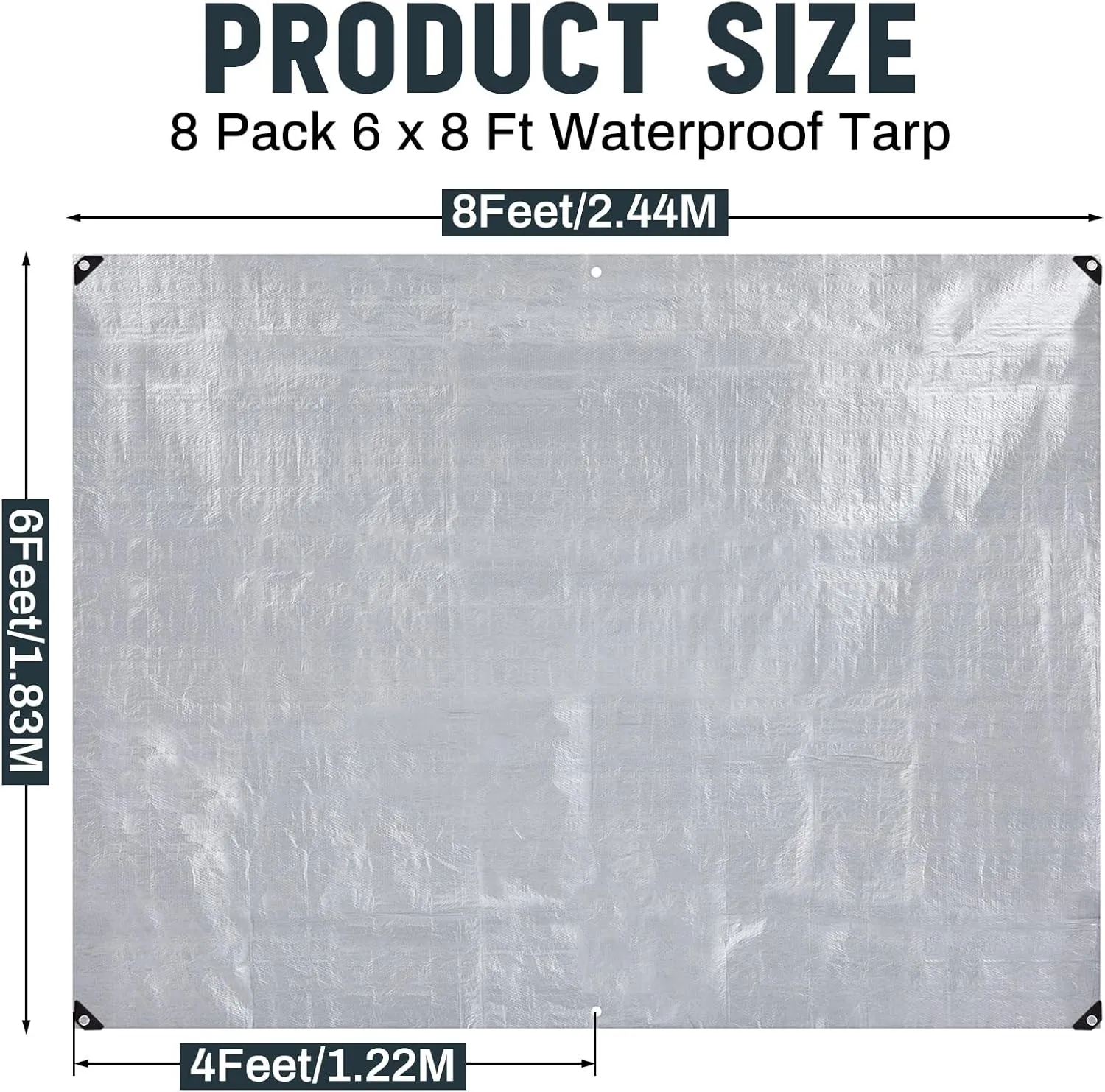 8 Pack 6 x 8 ft 5.5 Mil Large Tarps Heavy Duty Waterproof Tarp Multi Purpose Tent Cover for Home Boats Cars Camping Patio Furniture Roof Emergency Rain Protective Cover, Silver
