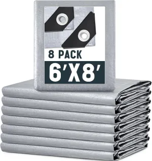 8 Pack 6 x 8 ft 5.5 Mil Large Tarps Heavy Duty Waterproof Tarp Multi Purpose Tent Cover for Home Boats Cars Camping Patio Furniture Roof Emergency Rain Protective Cover, Silver