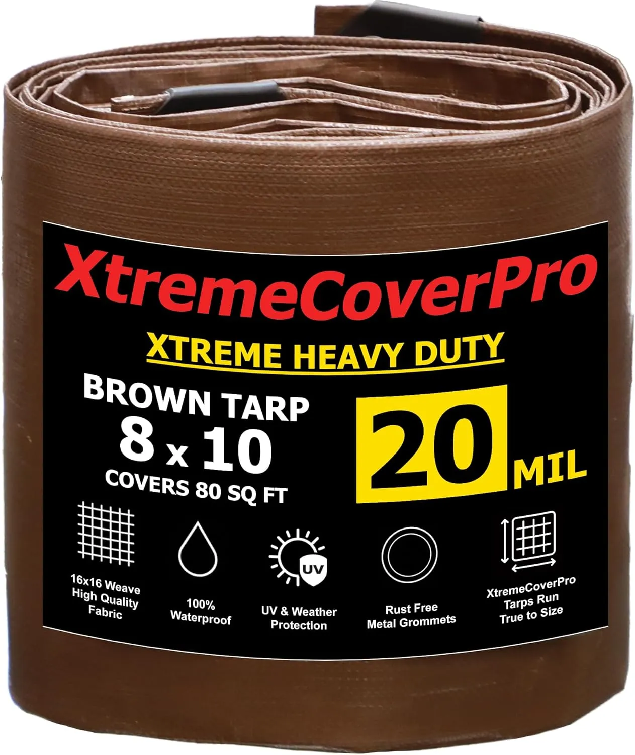 8' x 10' Brown Super Ultra Heavy-Duty Tarp – 20 Mil Waterproof & UV-Resistant 8x10 - Large Outdoor Tarp, Waterproof Cover for Rain Camping, Tent, UV Protection, Reinforced Corners