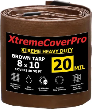 8' x 10' Brown Super Ultra Heavy-Duty Tarp – 20 Mil Waterproof & UV-Resistant 8x10 - Large Outdoor Tarp, Waterproof Cover for Rain Camping, Tent, UV Protection, Reinforced Corners