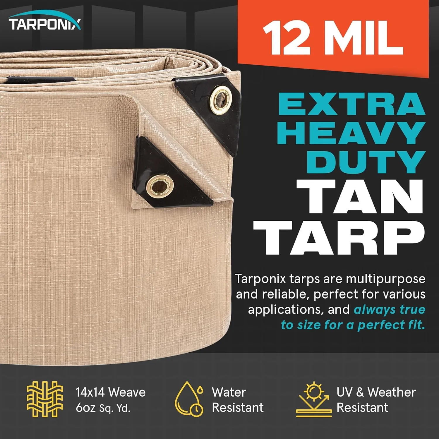 8' x 10' Extra Heavy-Duty Tan Poly Tarp – 12 Mil Thick, Waterproof, UV-Resistant Polyethylene with Reinforced Edges, Double-Stitched Hems, and Rustproof Grommets