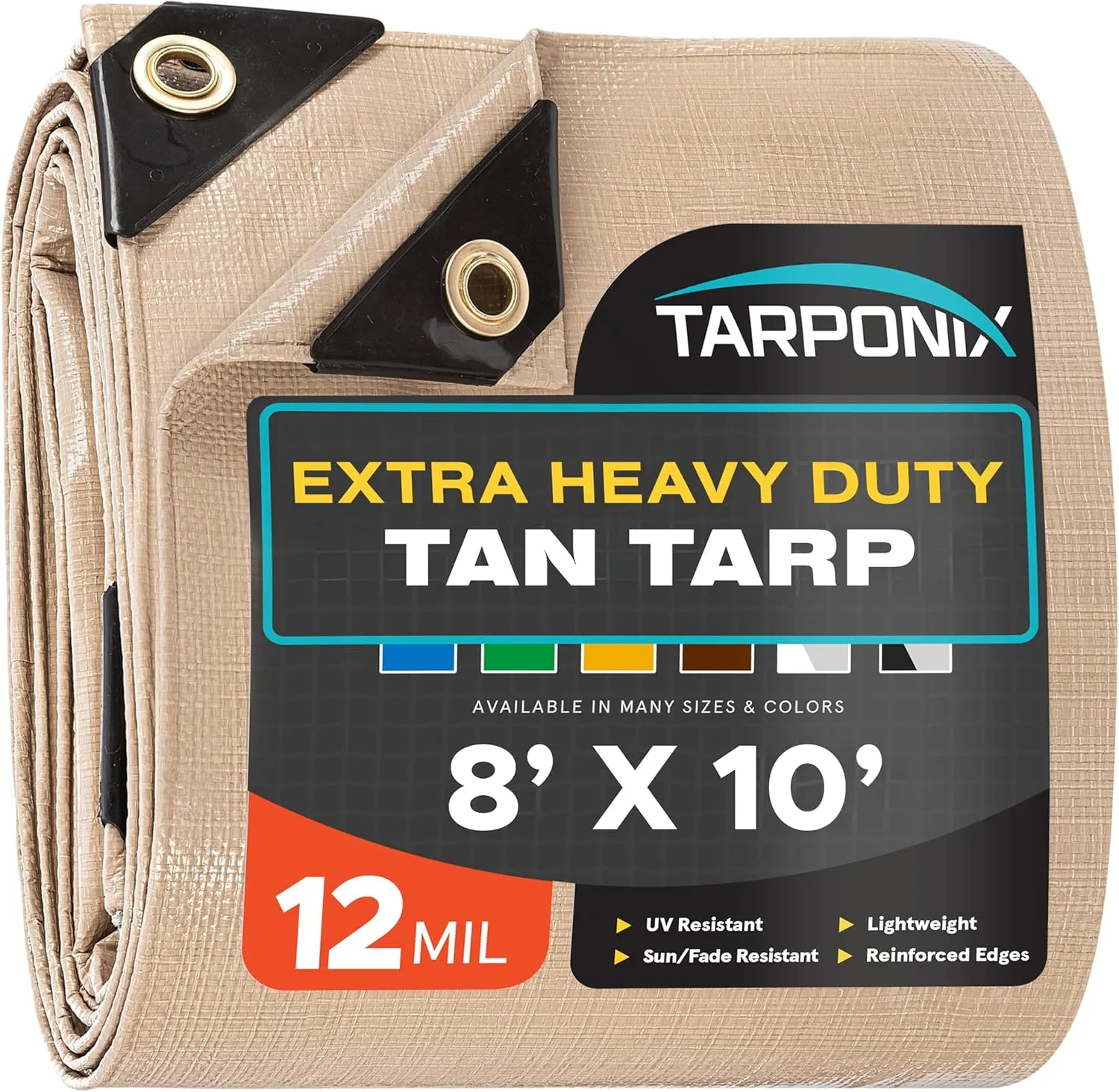 8' x 10' Extra Heavy-Duty Tan Poly Tarp – 12 Mil Thick, Waterproof, UV-Resistant Polyethylene with Reinforced Edges, Double-Stitched Hems, and Rustproof Grommets