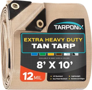 8' x 10' Extra Heavy-Duty Tan Poly Tarp – 12 Mil Thick, Waterproof, UV-Resistant Polyethylene with Reinforced Edges, Double-Stitched Hems, and Rustproof Grommets