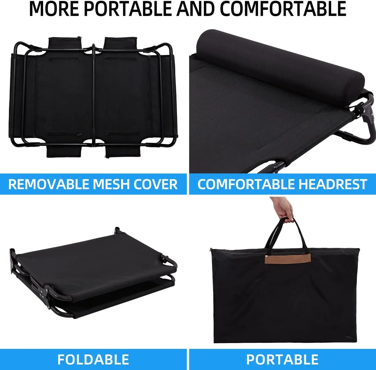 ABE Outdoor Dog Bed, Dog Cot, Large, Raised, Cooling, Elevated, Off Ground, Portable, Black