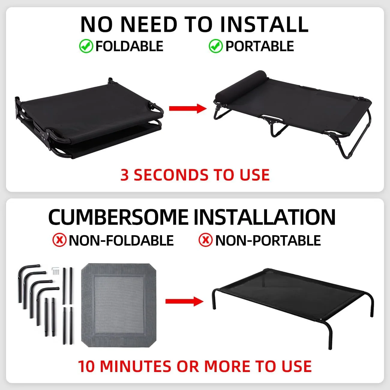 ABE Outdoor Dog Bed, Dog Cot, Large, Raised, Cooling, Elevated, Off Ground, Portable, Black