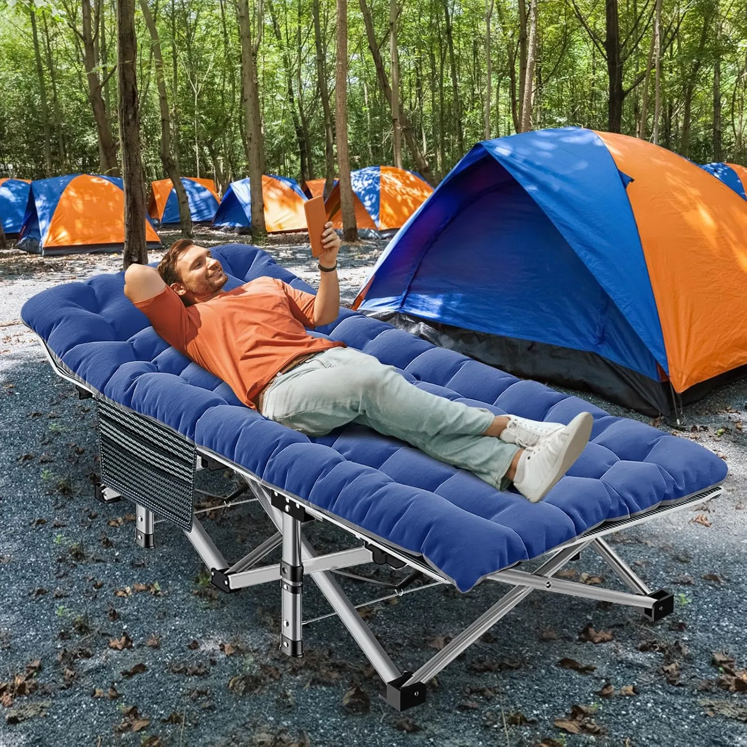 ABORON 2 Pack Folding Camping Cot W/Mat for Adults, Heavy Duty Outdoor Bed with Carry Bag,1200 D Layer Oxford Travel Camp Cots