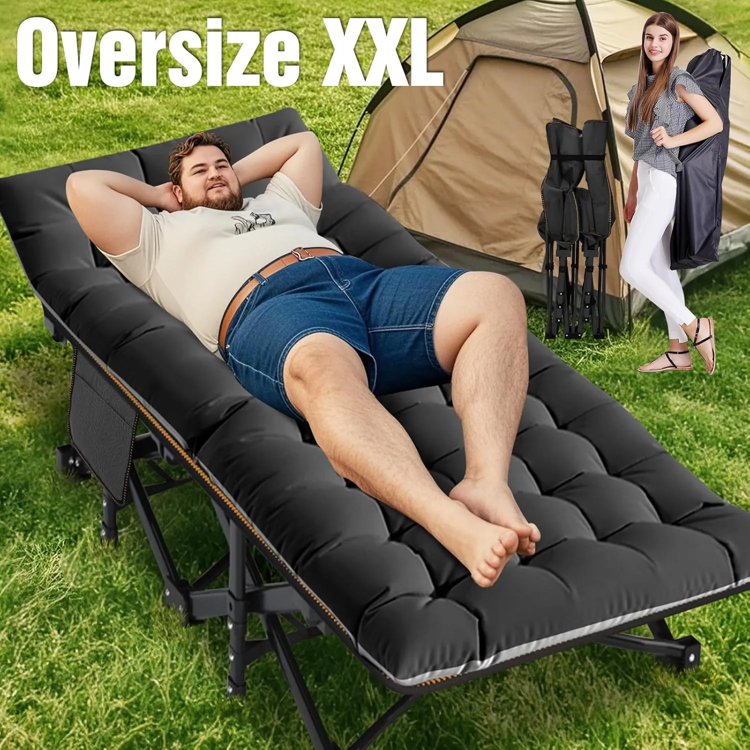 ABORON 2PK Oversized Folding Camping Cot for Adults, Double Layer 1200D, 500lb Capacity, Heavy Duty Guest Cot with Mat & Carrying Bag for Indoor & Outdoor Use