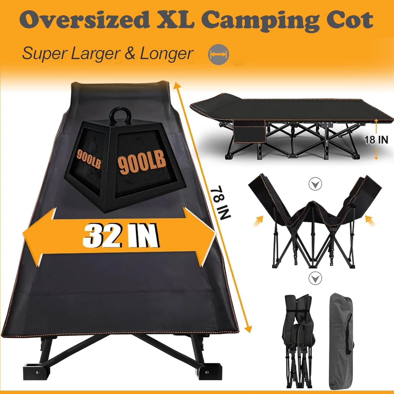 ABORON 2PK Oversized Folding Camping Cot for Adults, Double Layer 1200D, 500lb Capacity, Heavy Duty Guest Cot with Mat & Carrying Bag for Indoor & Outdoor Use