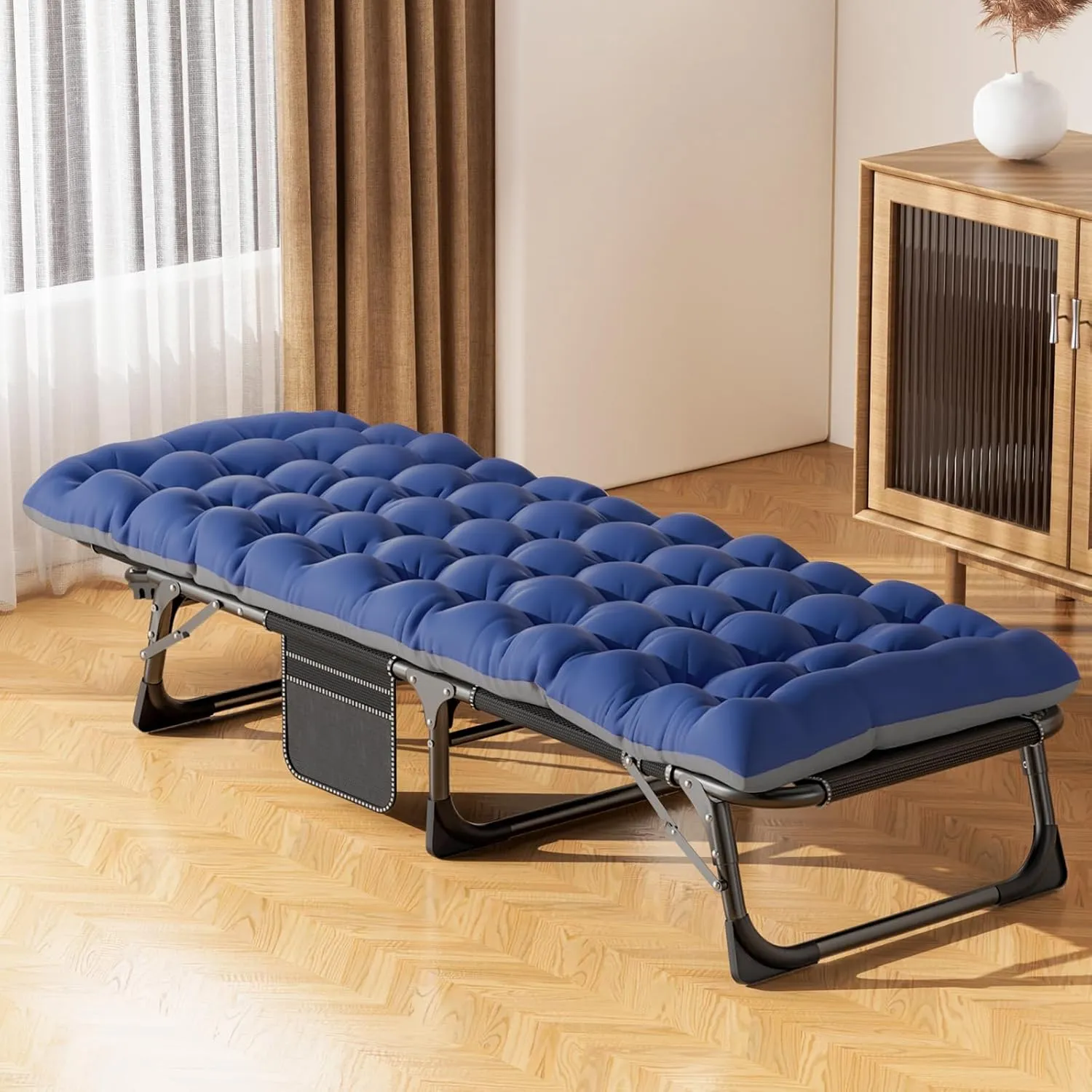 ABORON Foldable Camping Cots for Adults, Double Layer 1200D 500lb Loading Cot for Sleeping, Heavy Duty Guest Bed with Mattress Carrying Bag (1, Atramentous Bed & Blue Pad)
