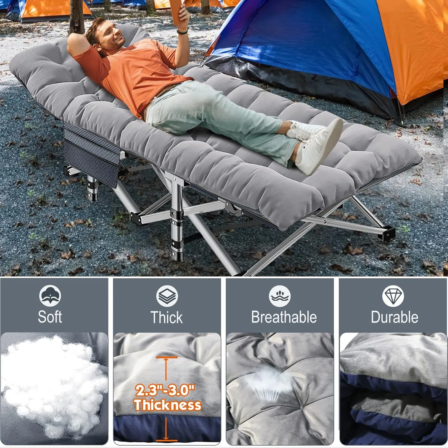 ABORON Foldable Camping Cots for Adults, Double Layer 1200D 500lb Loading Cot for Sleeping, Heavy Duty Guest Bed with Mattress Carrying Bag