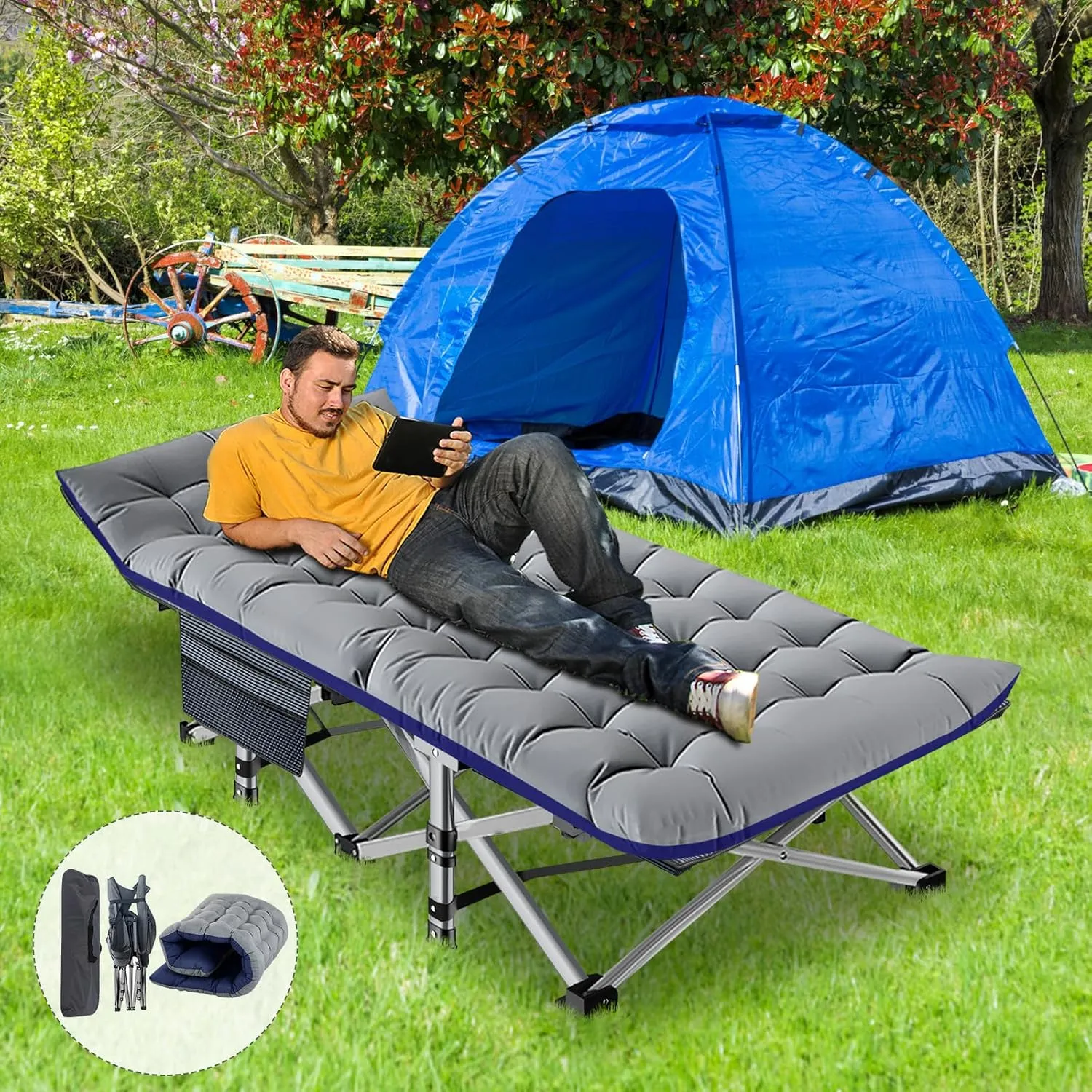 ABORON Foldable Camping Cots for Adults, Double Layer 1200D 500lb Loading Cot for Sleeping, Heavy Duty Guest Bed with Mattress Carrying Bag