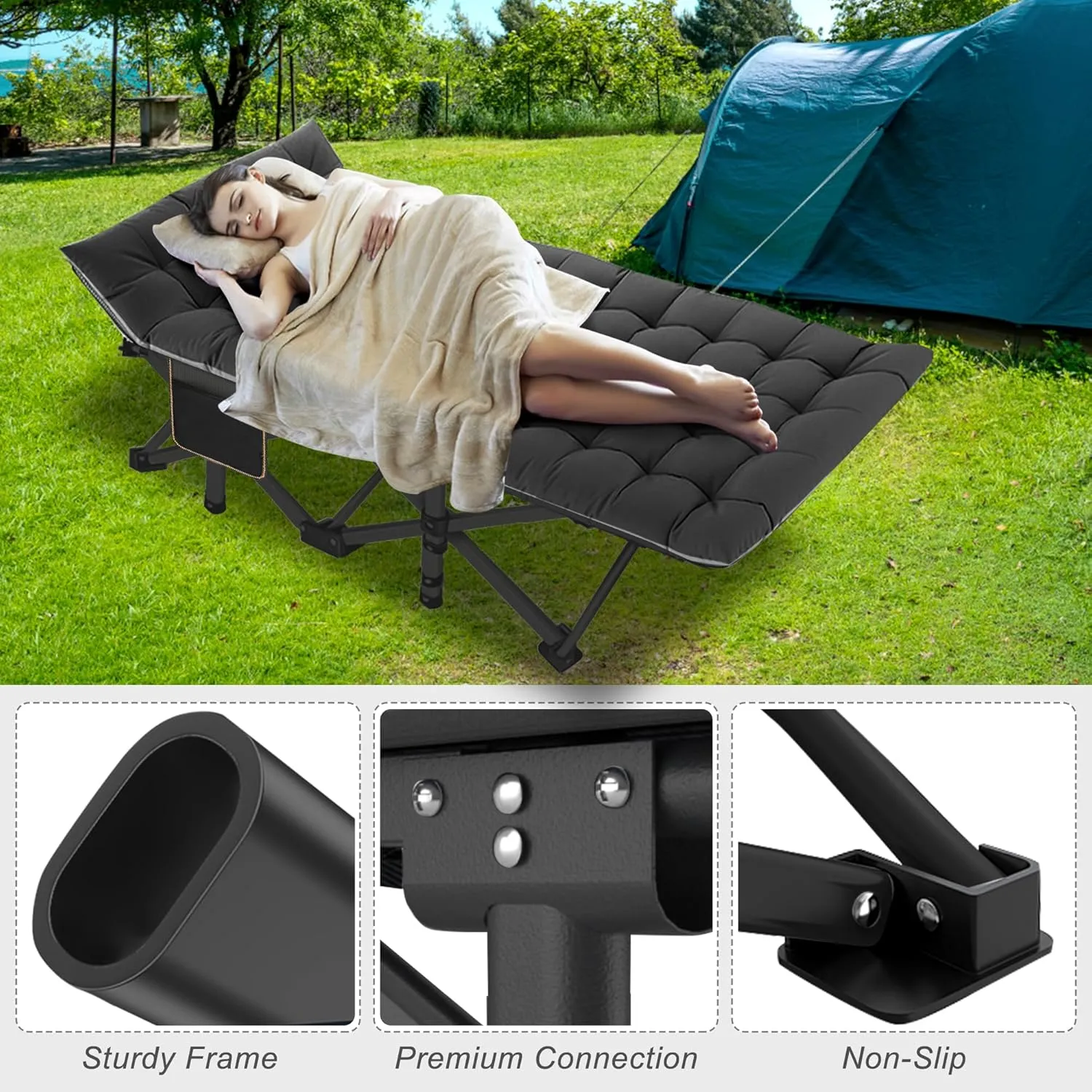 ABORON Folding Camping Cot W/Mat for Adults, Heavy Duty Outdoor Bed with Carry Bag,1200 D Layer Oxford Travel Camp Cots (Black Cot with Black Cotton Pad)