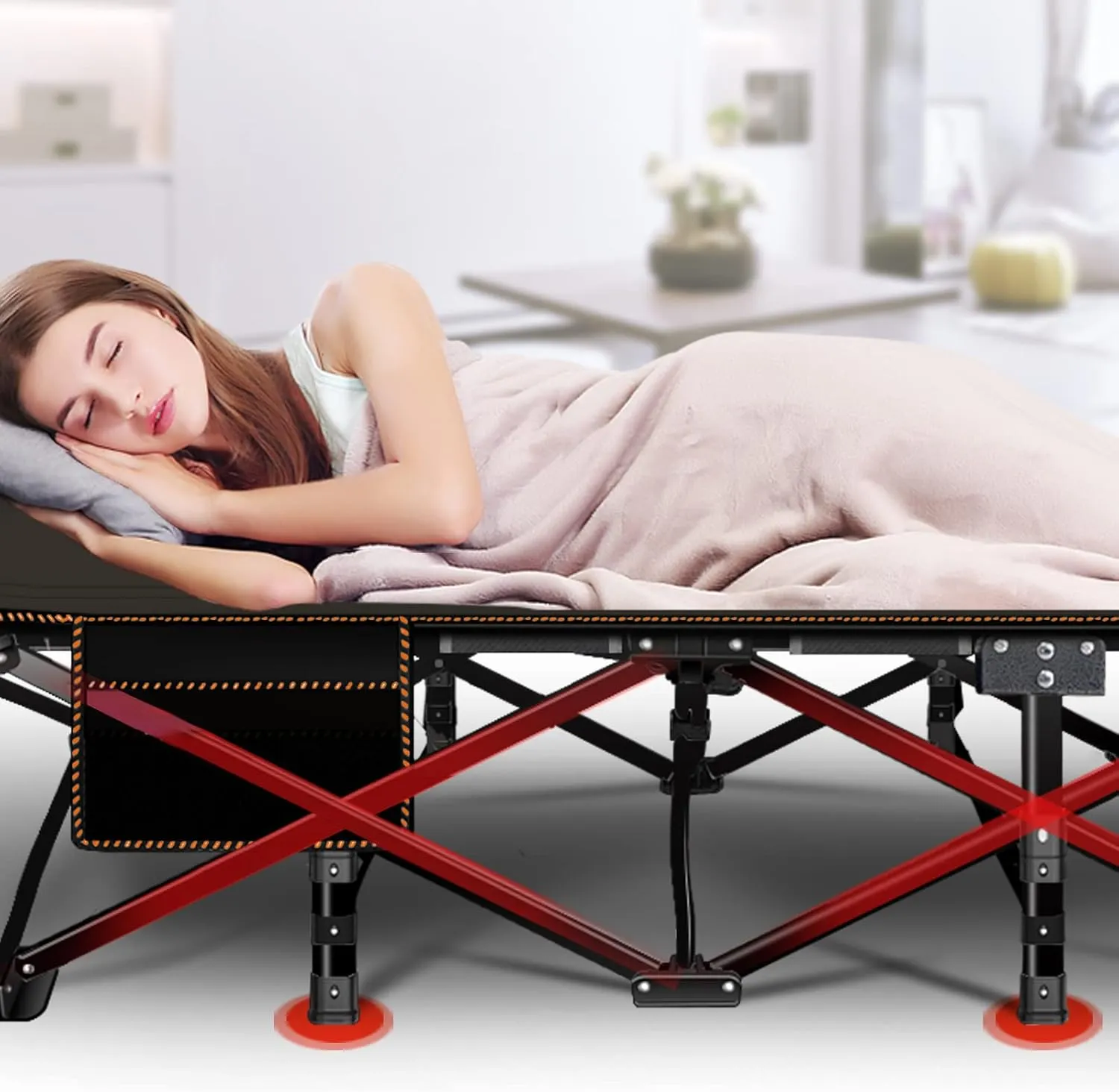 ABORON Folding Camping Cot W/Mat for Adults, Heavy Duty Outdoor Bed with Carry Bag,1200 D Layer Oxford Travel Camp Cots (Black Cot with Black Cotton Pad)