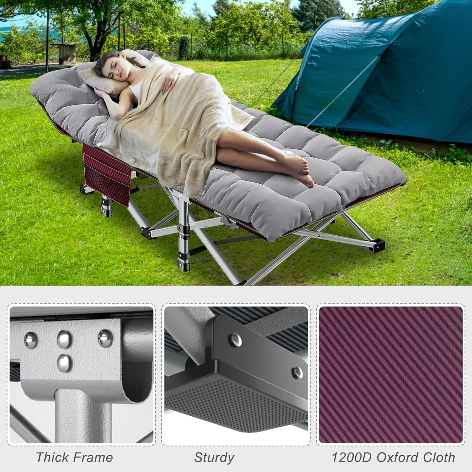 ABORON Folding Camping Cot W/Mat for Adults, Heavy Duty Outdoor Bed with Carry Bag,1200 D Layer Oxford Travel Camp Cots