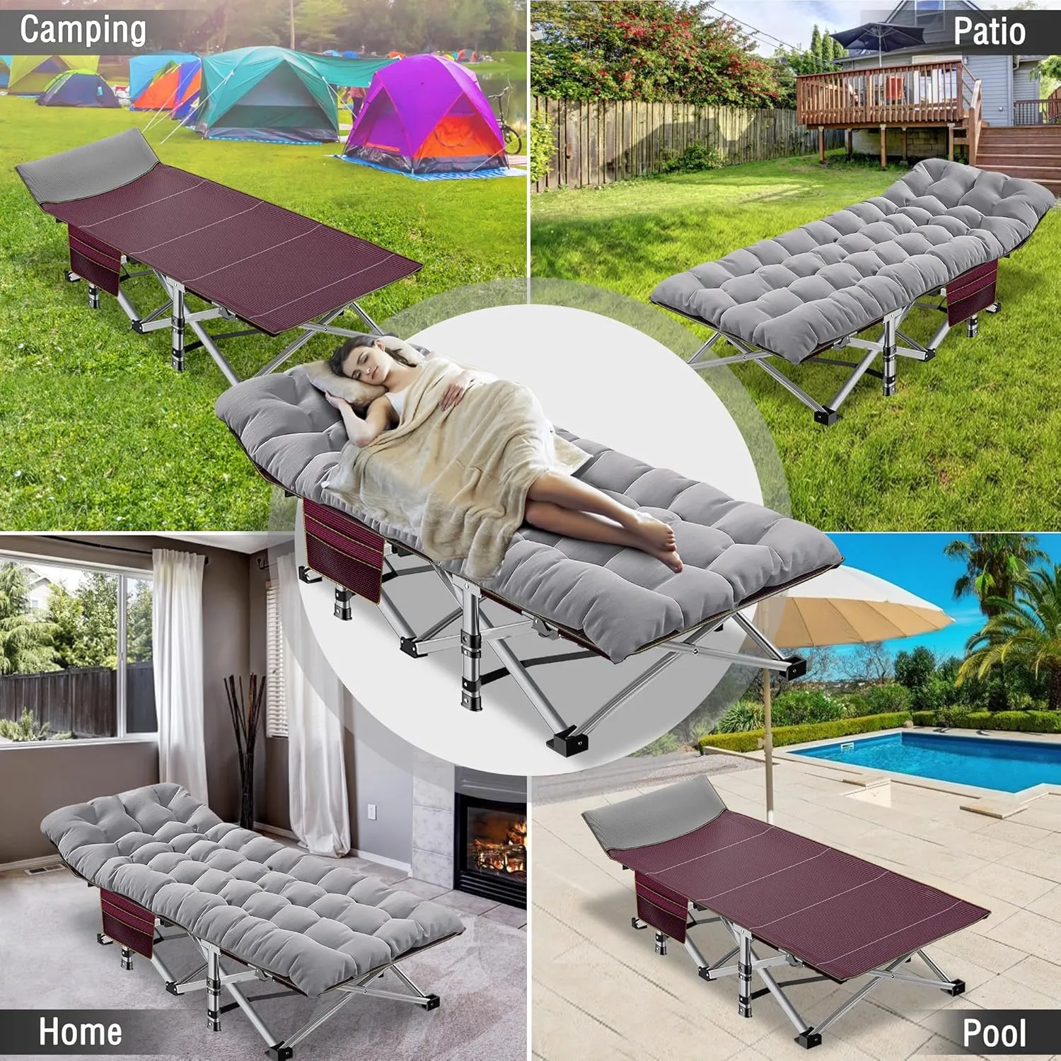 ABORON Folding Camping Cot W/Mat for Adults, Heavy Duty Outdoor Bed with Carry Bag,1200 D Layer Oxford Travel Camp Cots