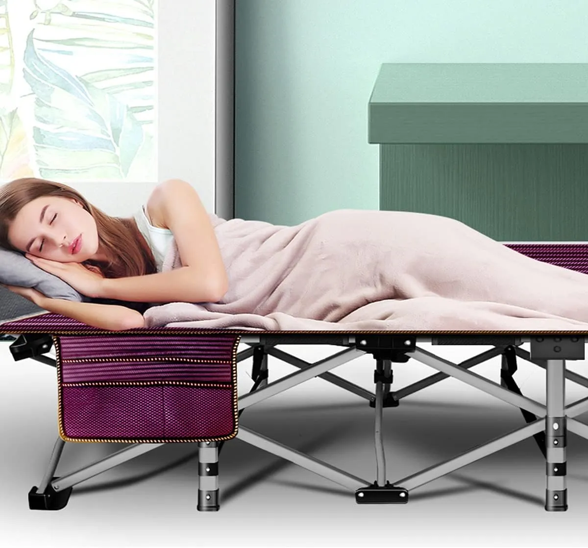 ABORON Folding Camping Cot W/Mat for Adults, Heavy Duty Outdoor Bed with Carry Bag,1200 D Layer Oxford Travel Camp Cots