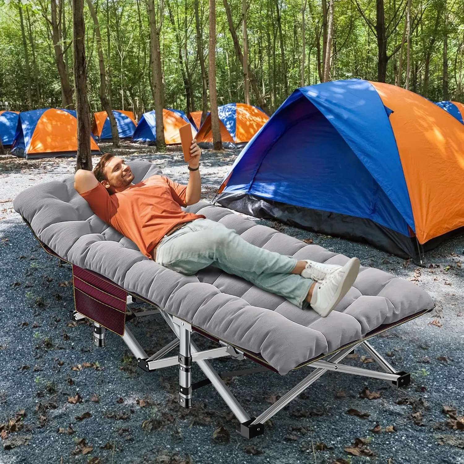 ABORON Folding Camping Cot W/Mat for Adults, Heavy Duty Outdoor Bed with Carry Bag,1200 D Layer Oxford Travel Camp Cots