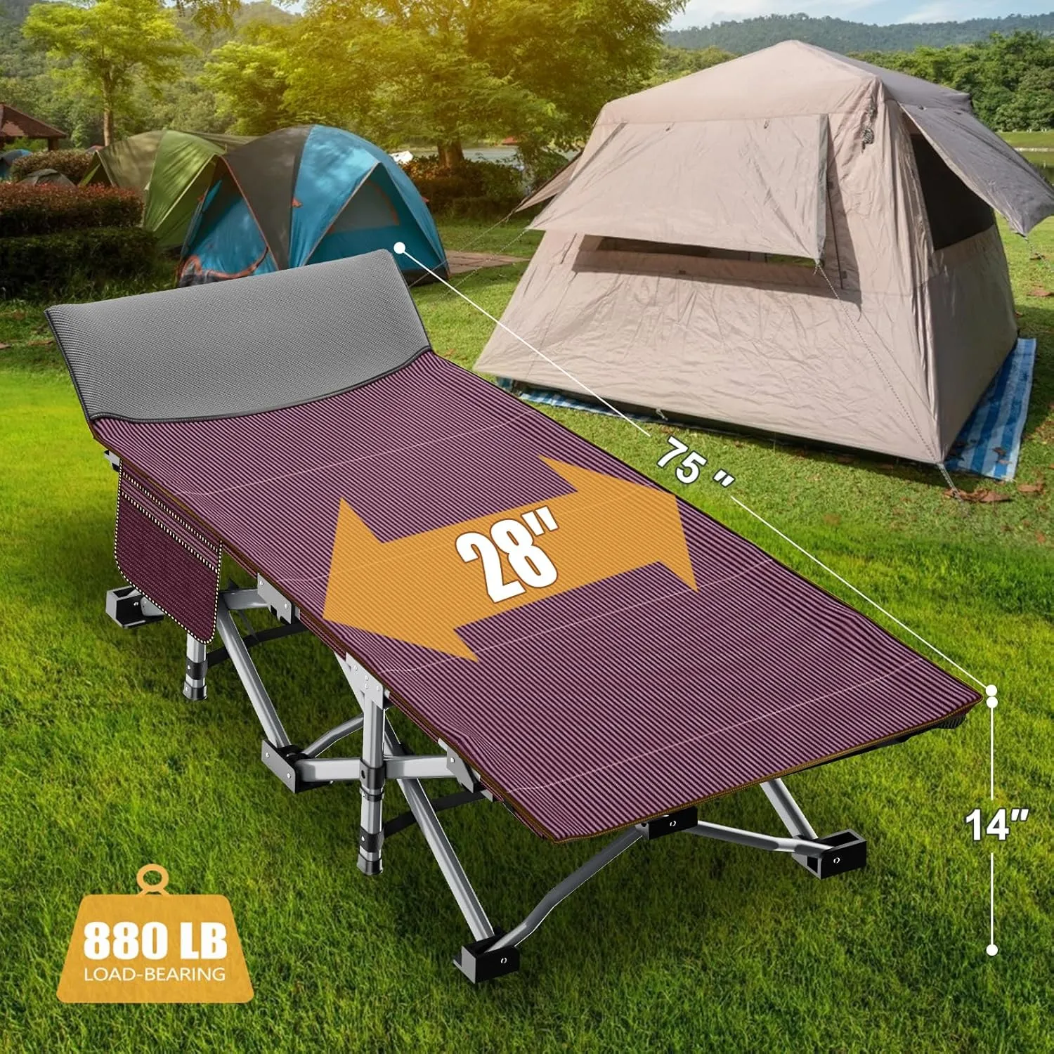 ABORON Folding Camping Cot W/Mat for Adults, Heavy Duty Outdoor Bed with Carry Bag,1200 D Layer Oxford Travel Camp Cots
