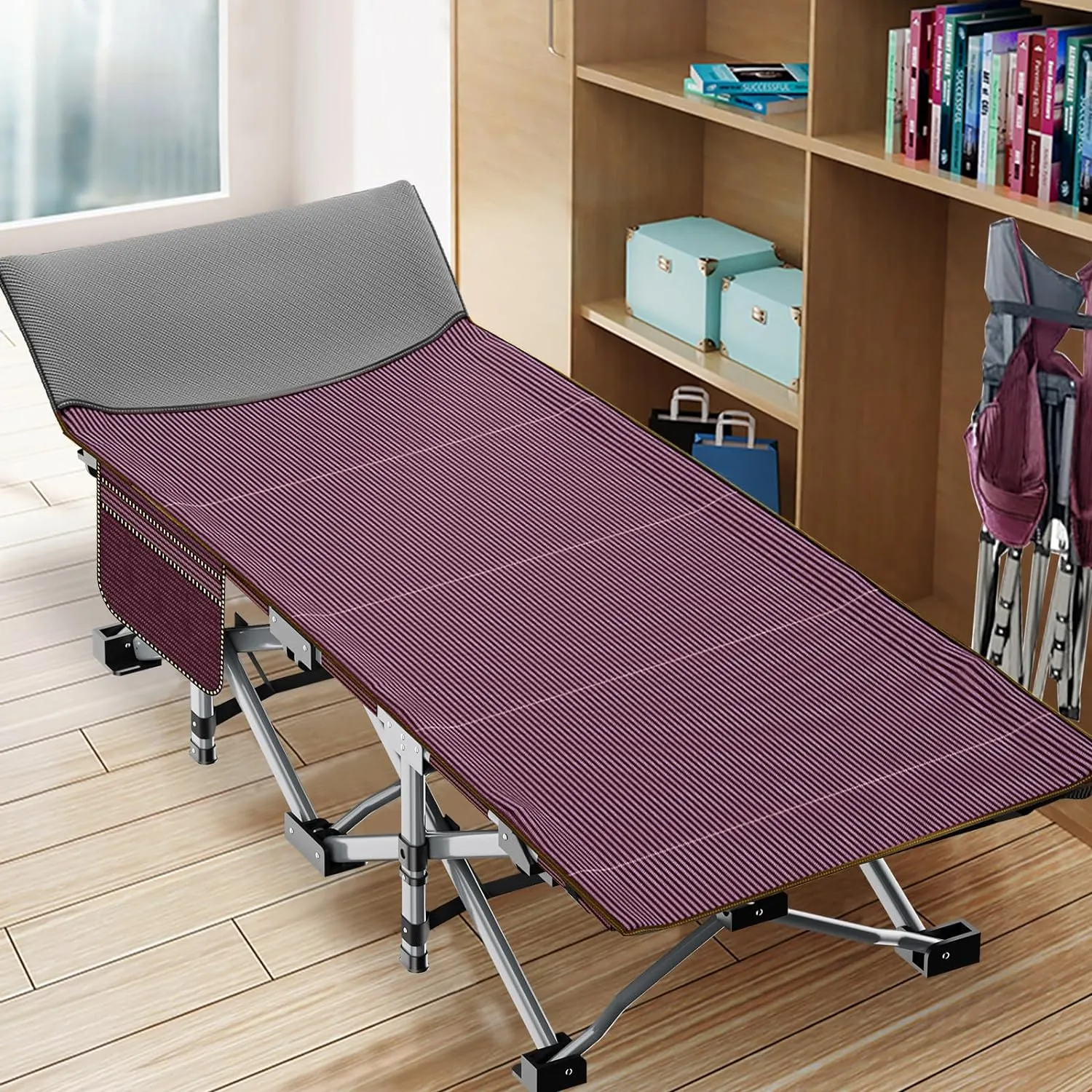 ABORON Folding Camping Cot W/Mat for Adults, Heavy Duty Outdoor Bed with Carry Bag,1200 D Layer Oxford Travel Camp Cots