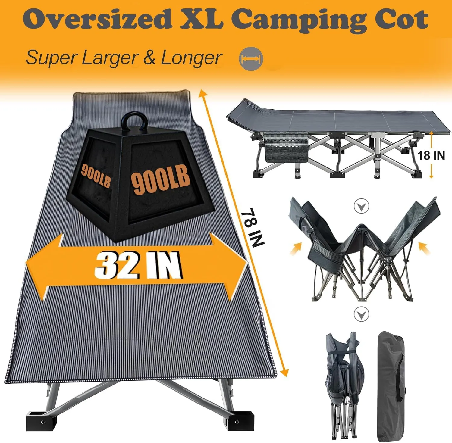 ABORON Oversized Folding Camping Cot for Adults, Double Layer 1200D, 500lb Capacity, Heavy Duty Guest Cot with Mat & Carrying Bag for Indoor & Outdoor Use