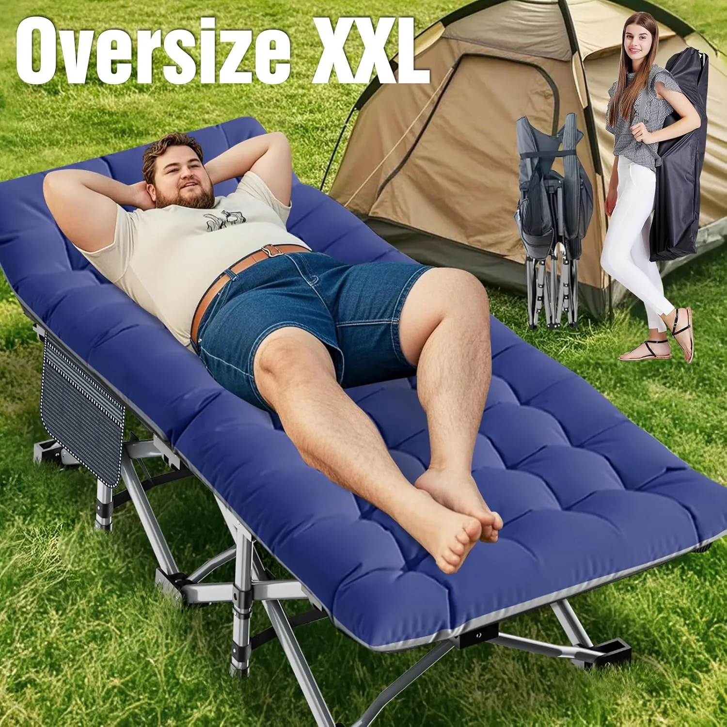 ABORON Oversized Folding Camping Cot for Adults, Double Layer 1200D, 500lb Capacity, Heavy Duty Guest Cot with Mat & Carrying Bag for Indoor & Outdoor Use