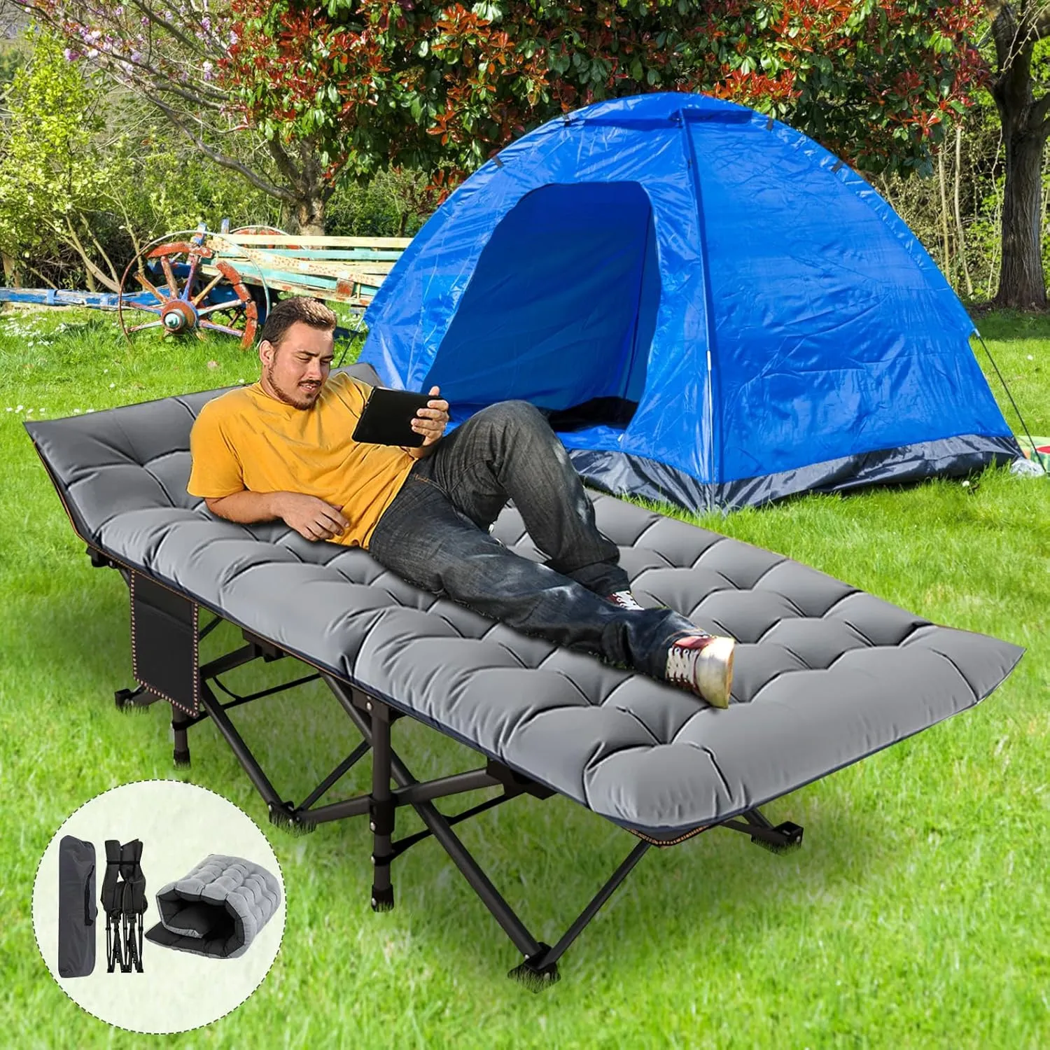 ABORON Oversized Folding Camping Cot for Adults, Double Layer 1200D, 500lb Capacity, Heavy Duty Guest Cot with Mat & Carrying Bag for Indoor & Outdoor Use