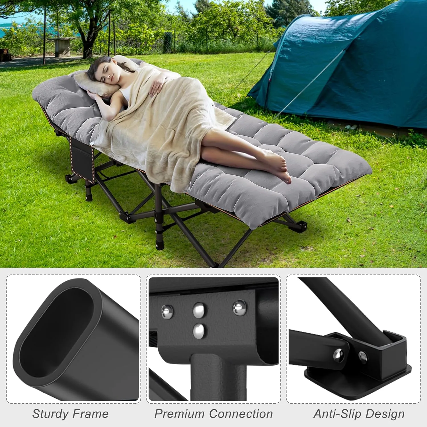 ABORON Oversized XXL Folding Camping Cot W/Mat for Adults, 78" L x 32" W x 18" H, Heavy Duty Outdoor Bed with Carry Bag,1200 D Layer Oxford Travel Camp Cots