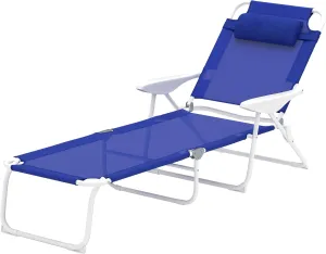 Adjustable Backrest Sun Tanning Lounger Portable Folding Patio Chair with Removable Pillow Metal Breathable Mesh Fabric for Garden Beach Poolside Outdoor Camping Garden Relaxation Blue 265 lbs