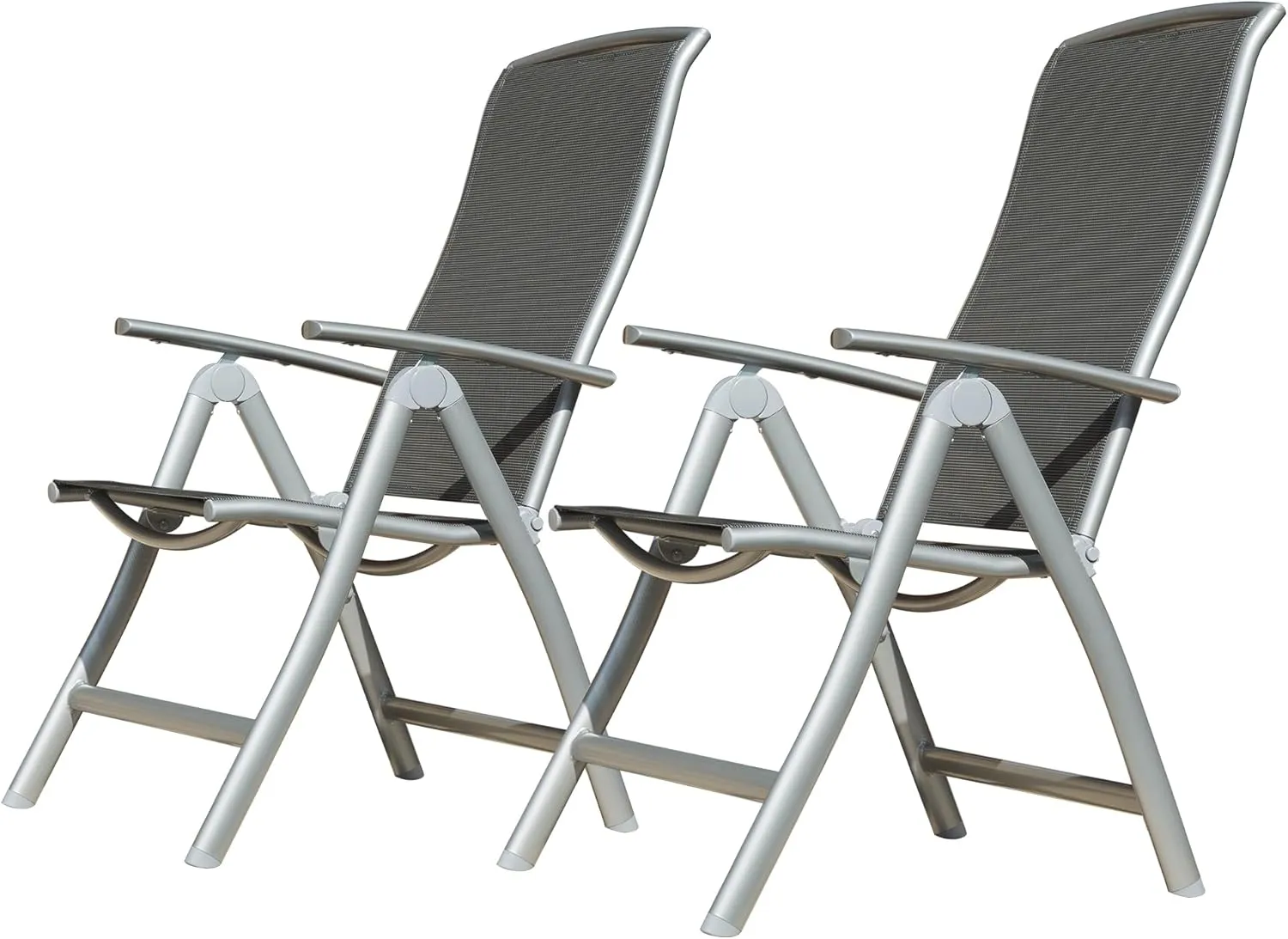 Adjustable High Back Aluminum Folding Patio Chairs Set of 2, Lightweight Outdoor Recliners for Camping and Beach, Dark Gray