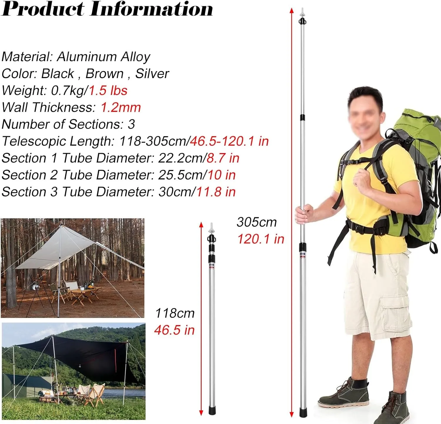 Adjustable Length & Lightweight Aluminum Alloy Tent Poles, Black Brown Silver Telescoping Tarp Poles Non-Slip Anti-Rust, Portable Awning Poles for RVs(Silver)