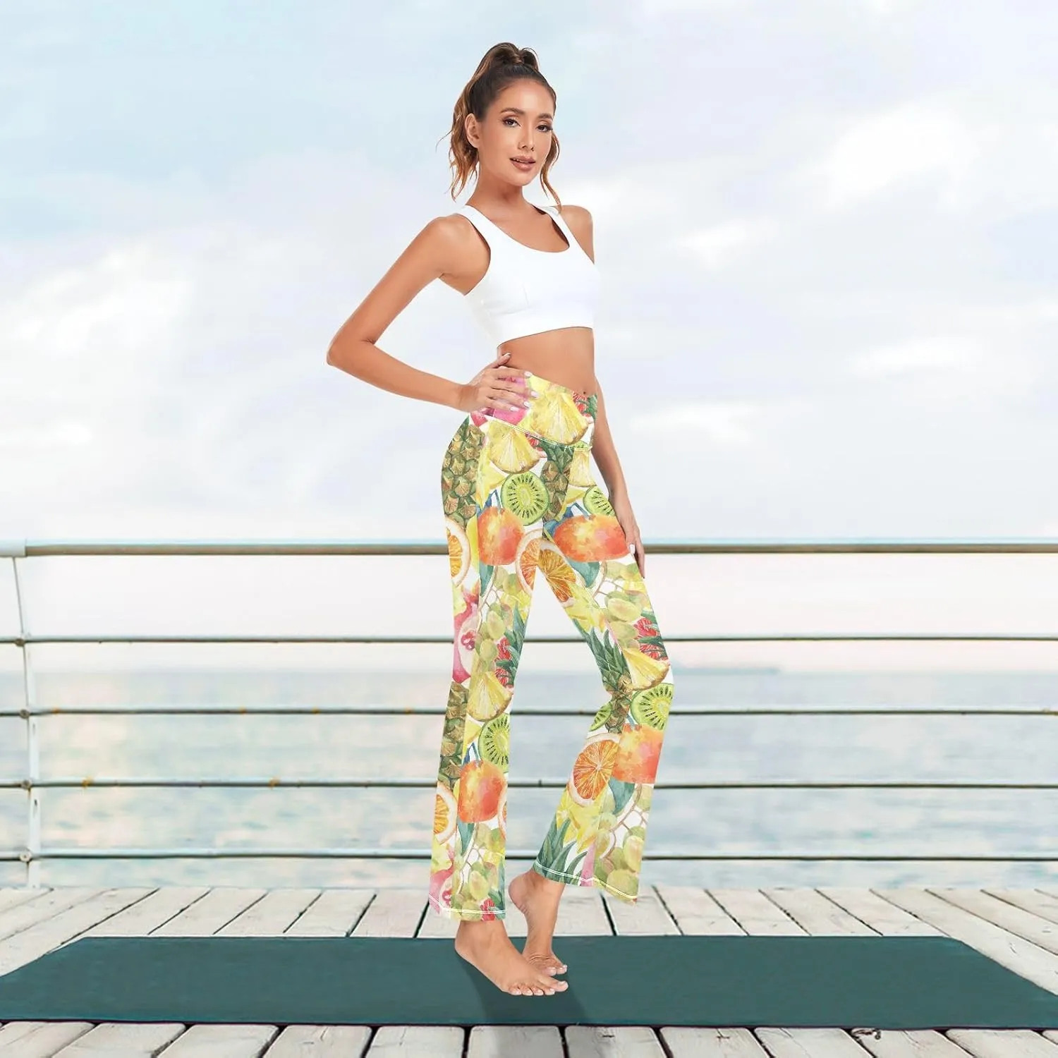 ALAZA Women's Orange and Floral Flare Yoga Pants