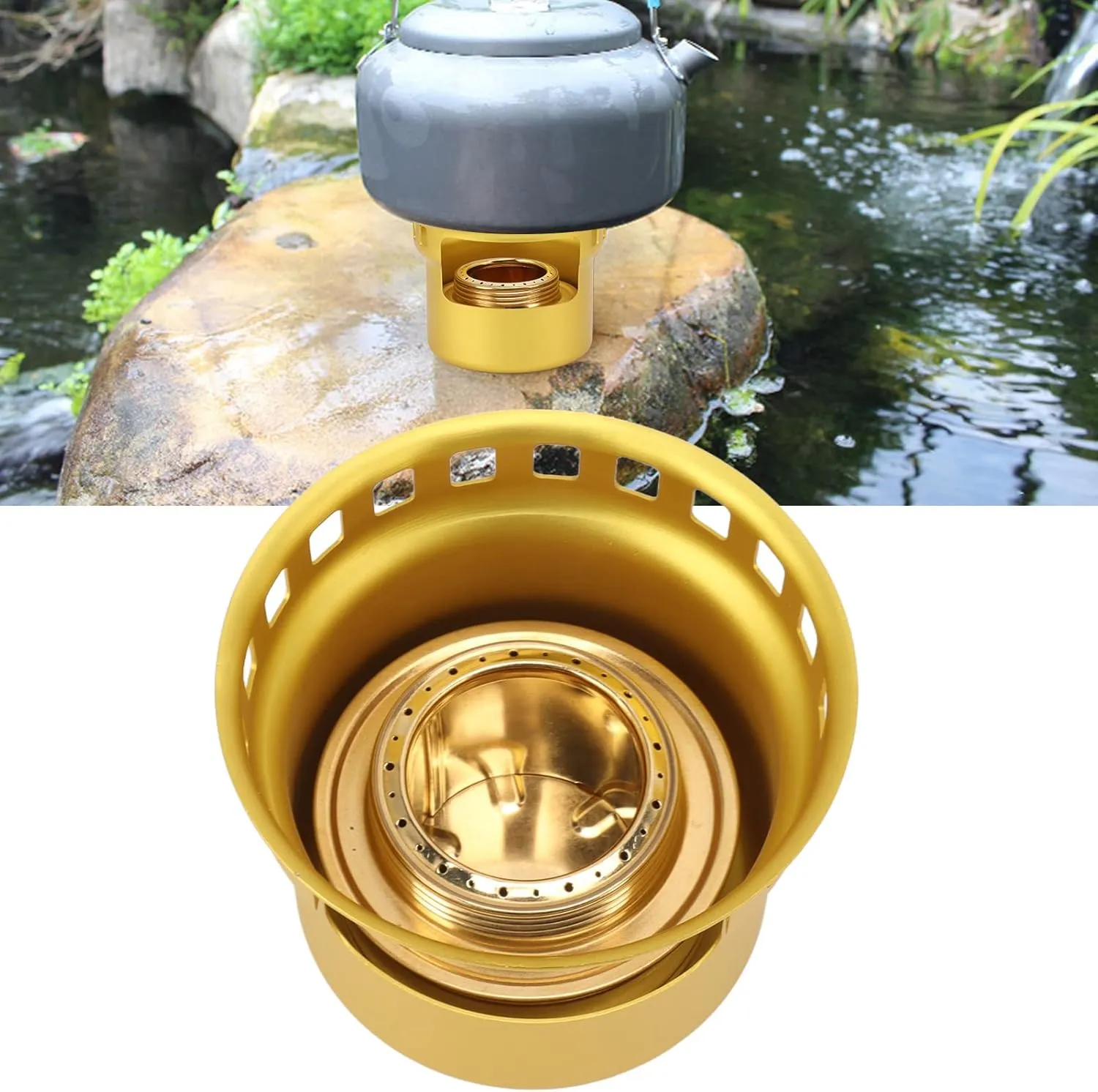 Alcohol Stove, Portable Copper Spirit Burner with Support and Storage Bag, Efficient Lightweight and Windproof, for Camping, Hiking, Picnic and Survival (Golden)
